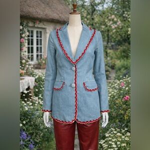 Manoush Denim Red Scalloped Trim Double Button Blazer